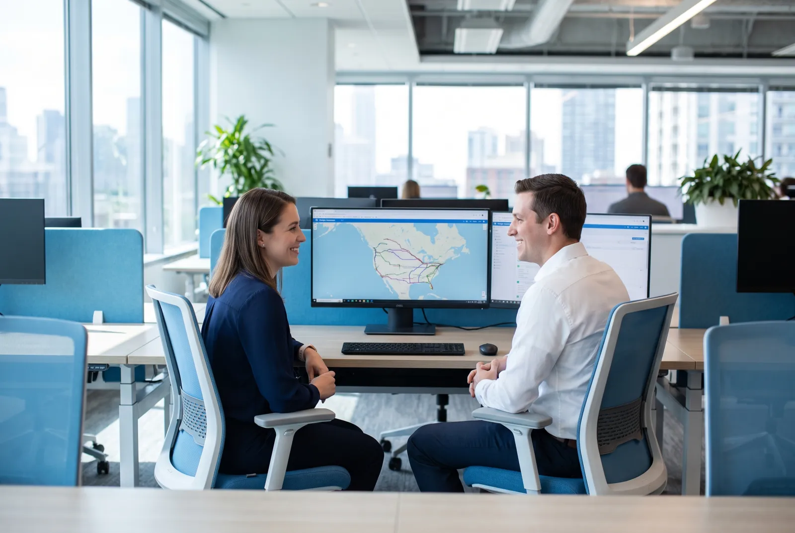 Two Stryke Logistics coordinators reviewing a North American lane map at their desk