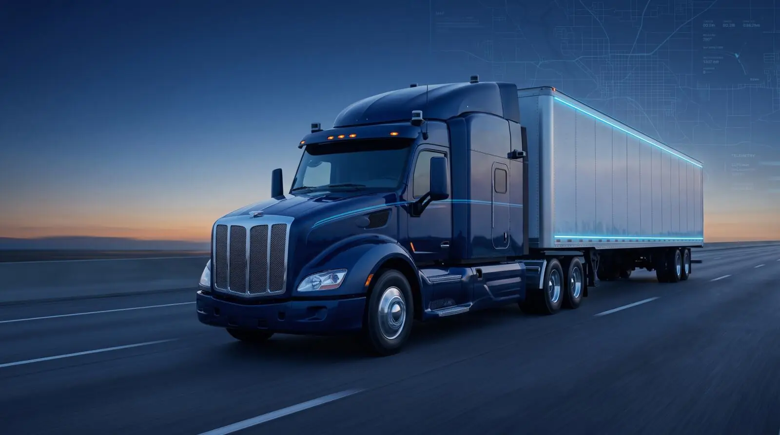 Navy Stryke Logistics tractor and dry van on the highway with data lines tracing the trailer