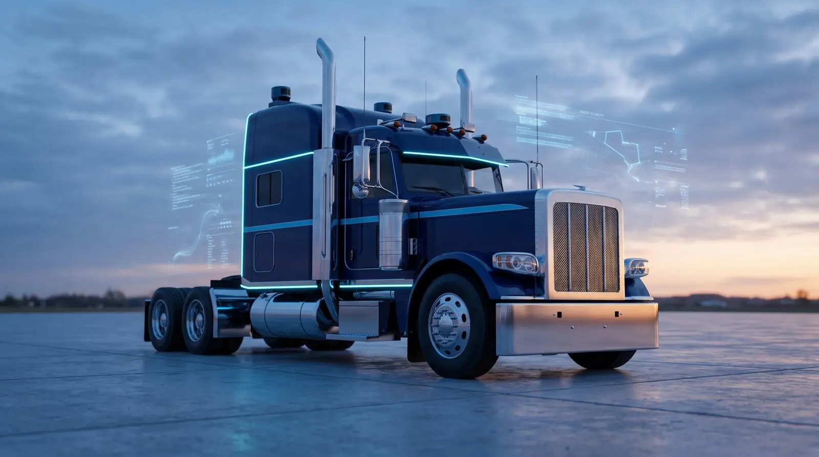 Navy Stryke Logistics tractor at dusk with route telemetry projected around it